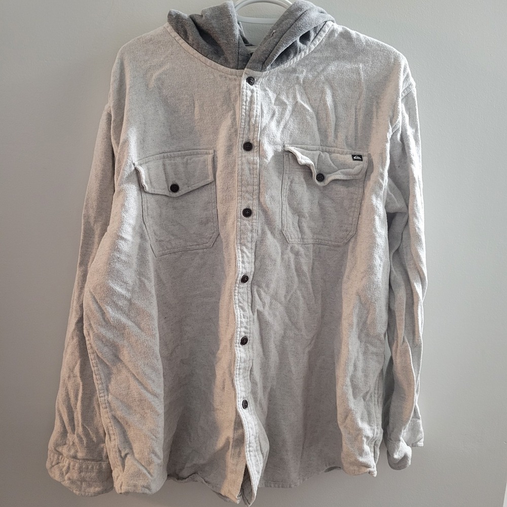 Quiksilver Button Up Flannel Hoodie Men's Size 2XL Gray Hooded No Drawstring